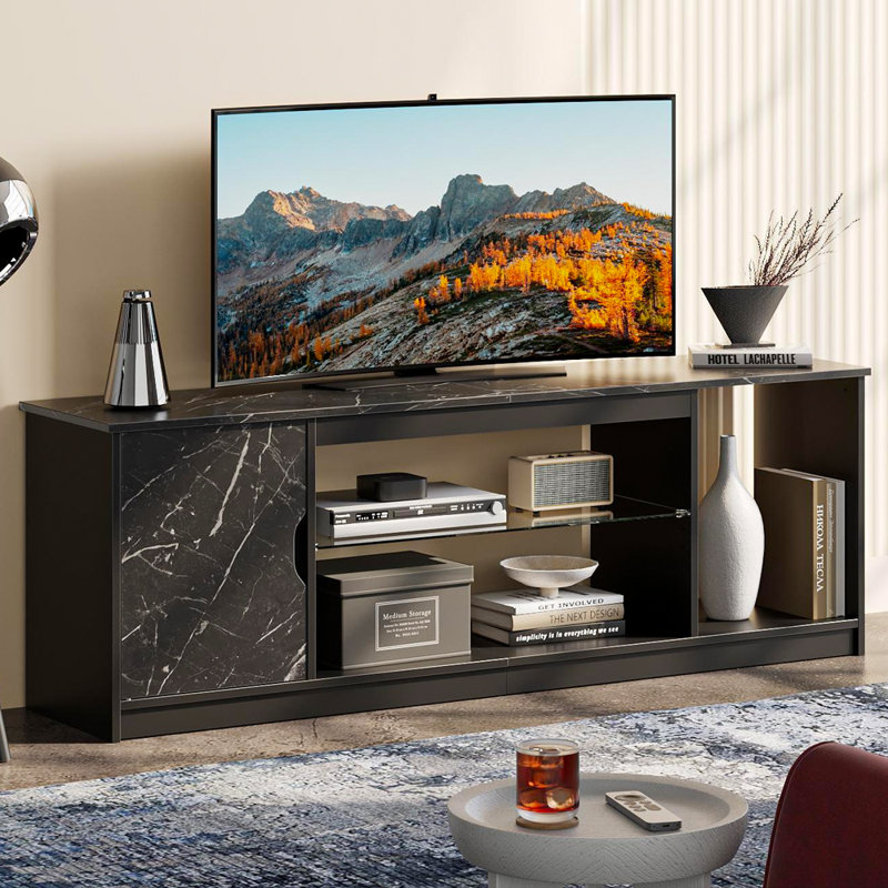 Benigno 58" Media Console, LED TV Stand for 65 Inch TV, Gaming Entertainment Centre for PS5 with Glass Shelf, Black Marble