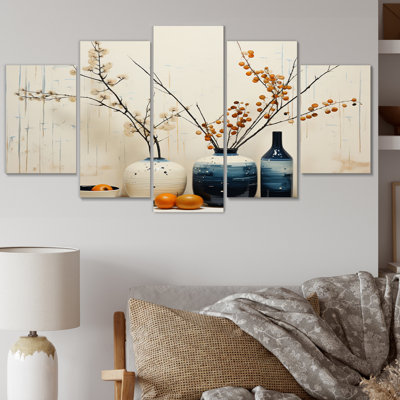 «Blue Beige Minimalist Oasis Pottery - Art mural abstrait avec des natures mortes - 5 panneaux