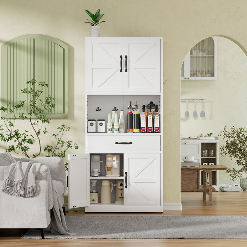 Armoire de rangement pour garde-manger avec tablettes réglables, tiroirs et crochets