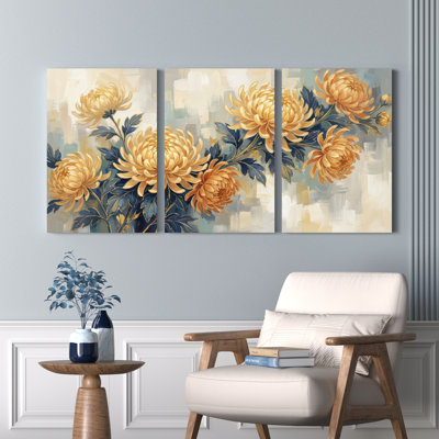 Ensemble de 3 tableaux muraux sur toile tendue, motif chrysanthèmes, pour la décoration du salon et de la chambre.