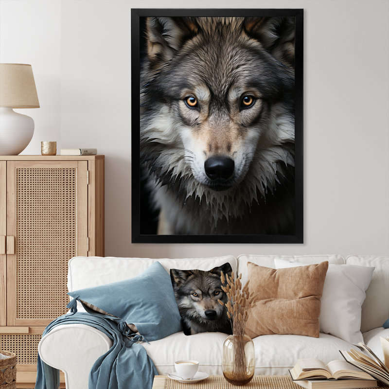 Portrait de loup gris et blanc I Portrait de loup gris et blanc I - animaux, art mural salon, Cadre d'angle fermé noir