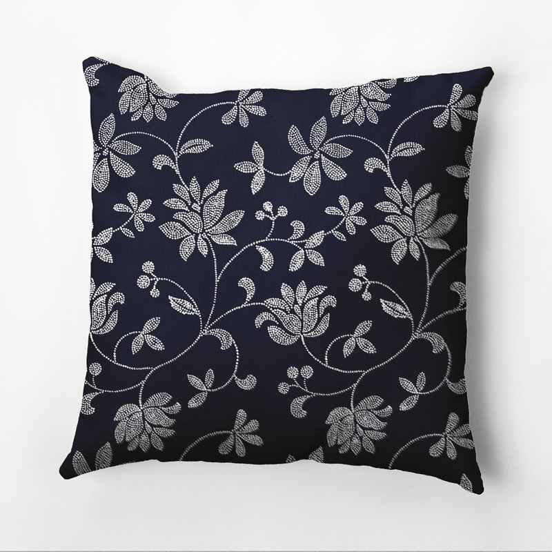 16" Porcelain Blue Floral Polyester Accent Pillow