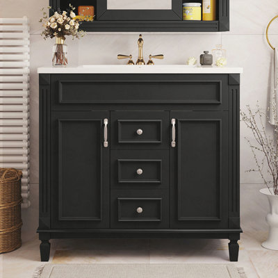 Meuble-lavabo 36 po avec lavabo supérieur, armoire de rangement moderne avec 2 portes à fermeture douce et 2 tiroirs, meuble-lavabo simple