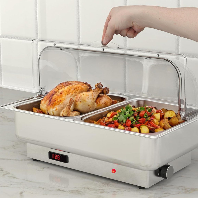 Electric Chafing Dish Set with Temperature Control, 9QT Stainless Steel Food Servers and Warmers with Transparent Lid, Perfect for Catering, Weddings, and Parties, High-Quality Buffet Set