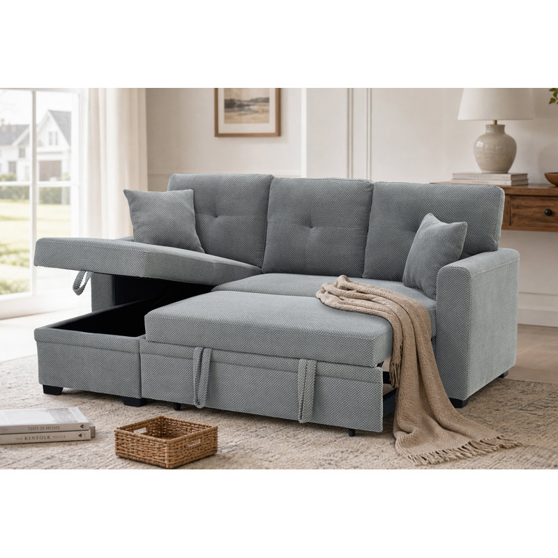 Canapé-lit modulaire réversible de 71 pouces avec lit escamotable et méridienne de rangement, Gris clair