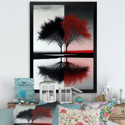 Arbres abstraits rouges et noirs au bord du lac - forêt, art mural