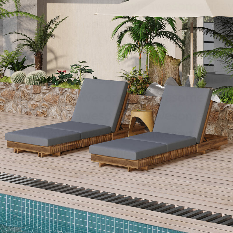 Lounge Chaise Set, Acacia SOLID Wood With  Lounge Cushion (Dark Grey+triple Folds) - Matching Cream Version Available