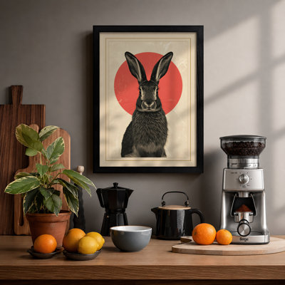 Hare in Crimson Circle Japandi - Framed Print