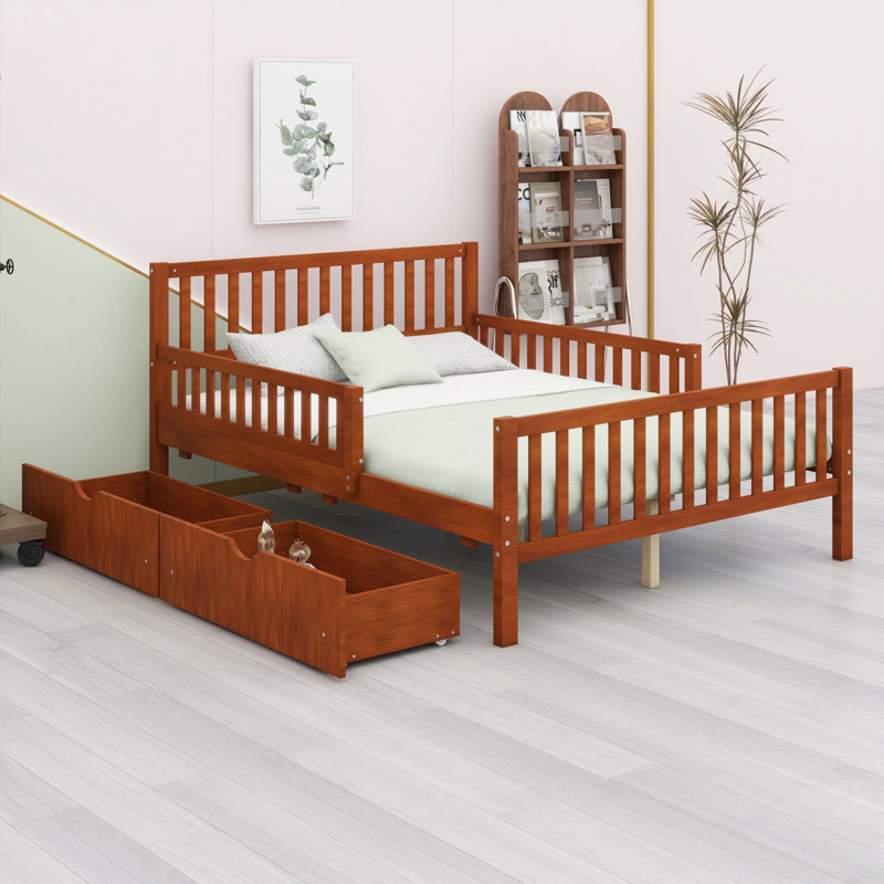 Wood Platform Bed With Guardrails On Both Sides And Two Storage Drawers, Walnut