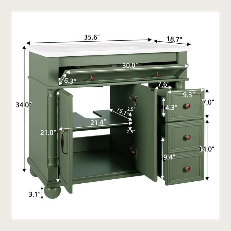 Armoire de meuble-lavabo 36 po avec colonne romaine, lavabo de style campagnard, poignées en métal, rangement autoportant