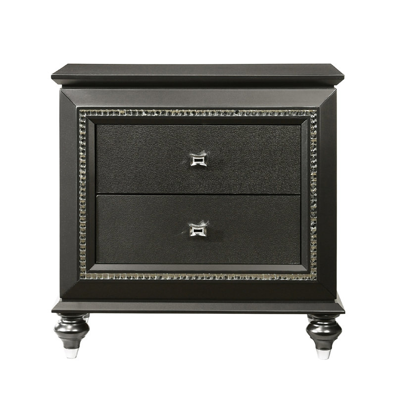 Table de chevet 2 tiroirs gris métallique - Le bois d'hévéa massif améliore le style moderne des tiroirs de chambre