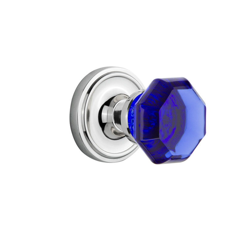 Bouton de porte mortaise intérieur en cristal de cobalt avec rosette classique Waldorf, Chrome brillant, 2 1/4 po