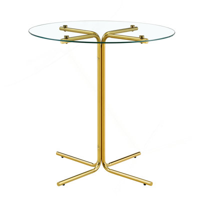 Table de bar ronde en verre, table de bar ronde de 36 pouces, plateau en verre trempé, support robuste à quatre colonnes plaqué en chrome argenté, convient aux tables de bar rondes transparentes dans les petits espaces, cuisines