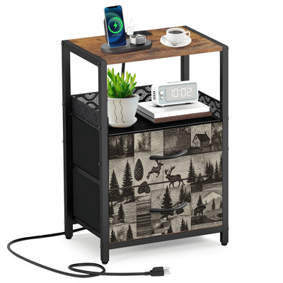 Table de chevet à 2 tiroirs en tissu avec station de charge, pin de la forêt rétro, collage, noir et blanc, table de chevet, table de bout avec ports USB et prises USB