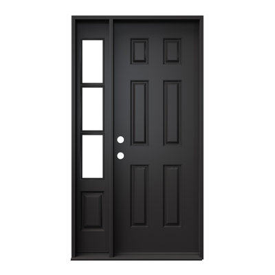 Porte d'entrée extérieure extérieure en fibre de verre 30 po x 80 po, peinte en noir, porte prémontée à 6 panneaux, imposte fixe simple, porte à 3 carreaux en verre clair noir avec chambranle, ouverture vers l'intérieur à droite (quincaillerie non incluse)
