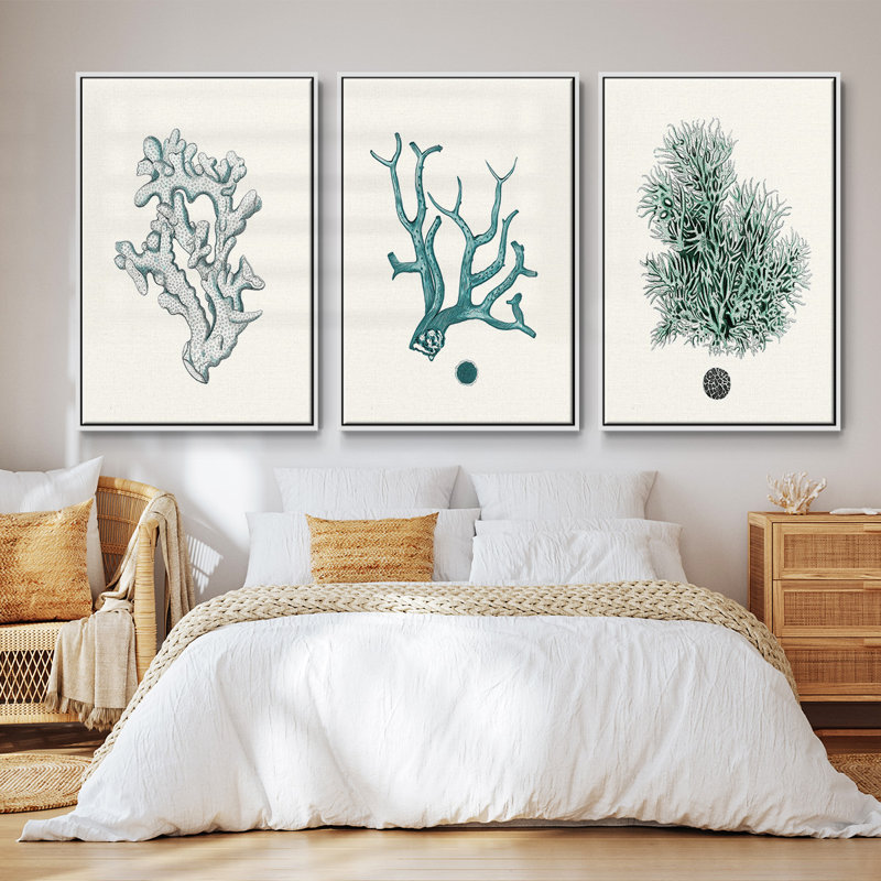 Ensemble de 3 pièces encadrées sur toile Antique Coastal Coral IV, Blanc, H 36 po x l 72 po