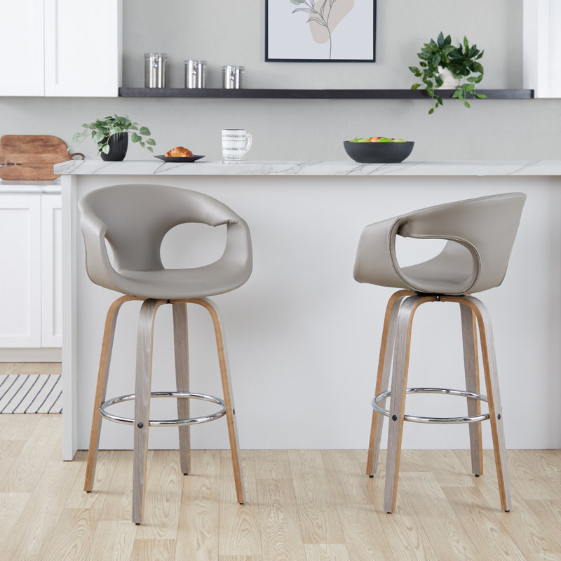 Curva Fixed-Height Counter Stool With Bent Wood Legs And Round Footrest - Set Of 2, Light Gray/Chrome