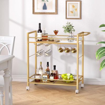 2-Tier Gold Rolling Bar Cart with Wine Rack & Glass Holder - Modern Flowing Design Home Bar Serving Cart w/Storage Shelves for Kitchen, Dining & Living Room