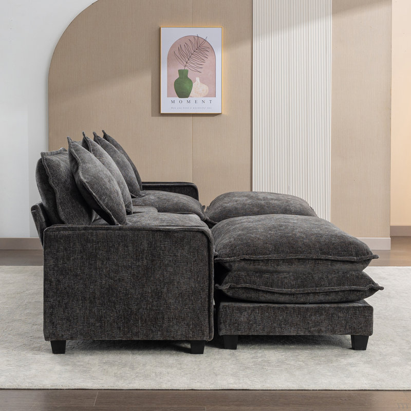 Canapé modulaire en chenille de 111 po avec deux repose-pieds amovibles, deux ports USB, deux porte-gobelets et une grande boîte de rangement pour le salon