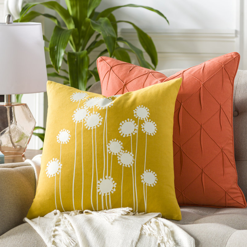 Lachen Floral Cotton Throw Pillow, 20" x 20", Saffron/Cream