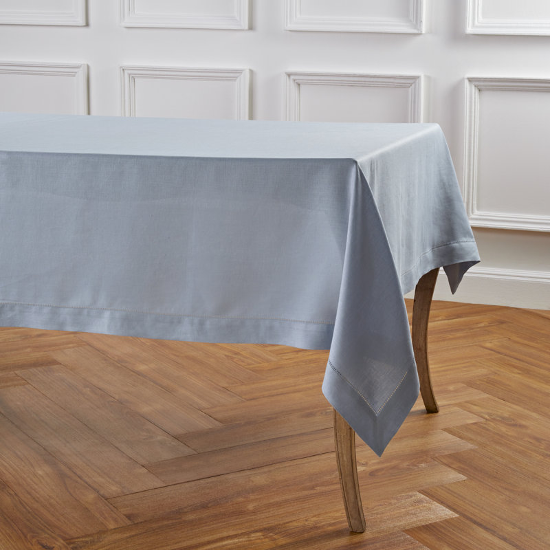 100% Pure Linen Hemstitch Table Cloth - Classic Hemstitch, Dusty Blue, 90" x 60"