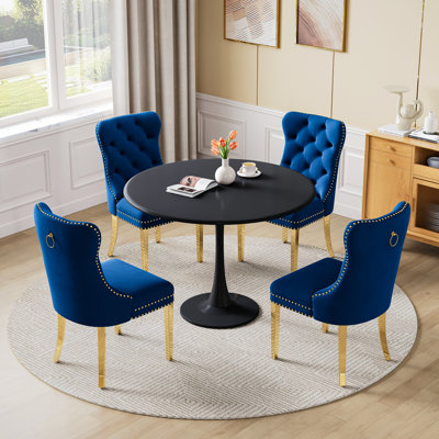 5-Piece Round Metal Dining Table Set With Velvet Upholstered Chairs – Modern Dining Furniture For Small Spaces