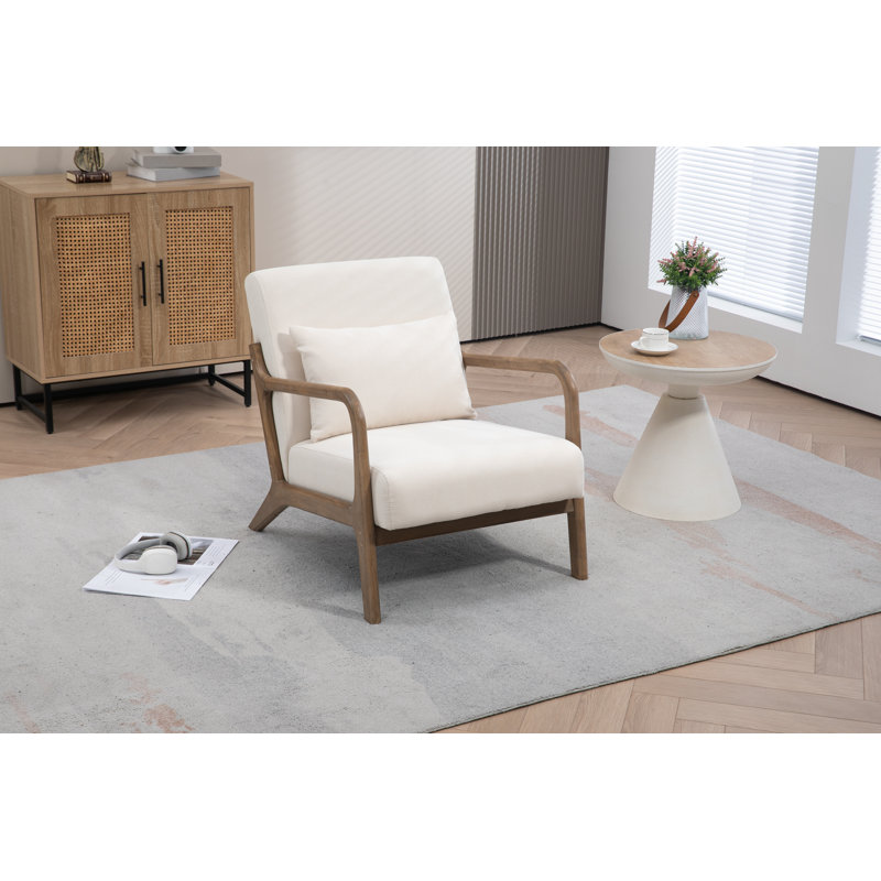 Chaise d'appoint Mid-Century moderne avec structure en bois, Antique White Cotton, Brown