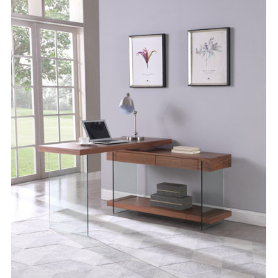 Annalis Wooden Top L-shaped Desk w/ Glass Panel Base