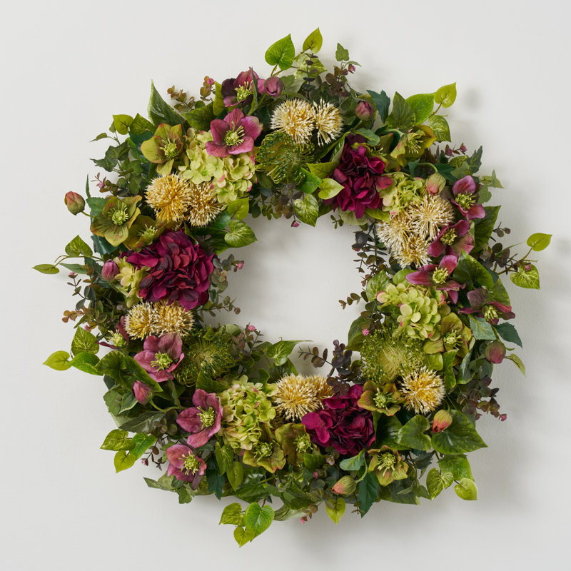 Couronne en soie orchidée et protea, H 30 po x l 30 po x P 6 po