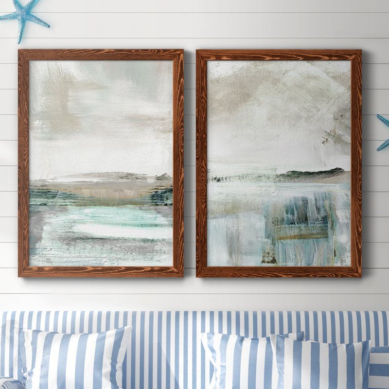 Summer Teal I - ensemble de 2 peintures sur toile encadrées, H 44 po x l 31 po x P 1 po, Encadré de bois de noyer
