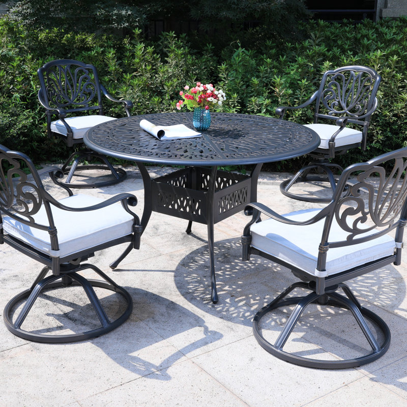 Ensemble de salle à manger rond en aluminium pour 4 personnes avec coussins, Bleu clair