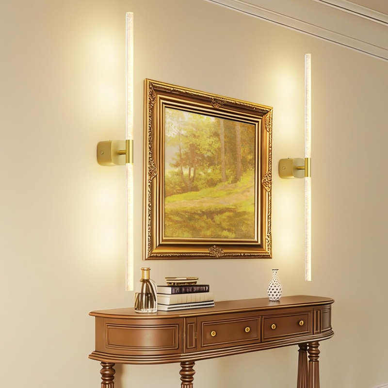 31.49" Wireless Rechargeable Wall Sconce Set of 2, 360° Rotatable Wall Light with Remote & Touch, Gold for Bedroom Living Room Decor