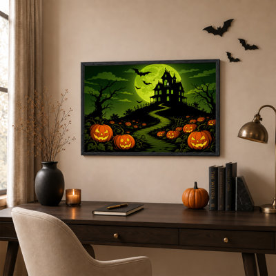 Maison hantée sous la lune verte avec toile murale lumineuse d'Halloween