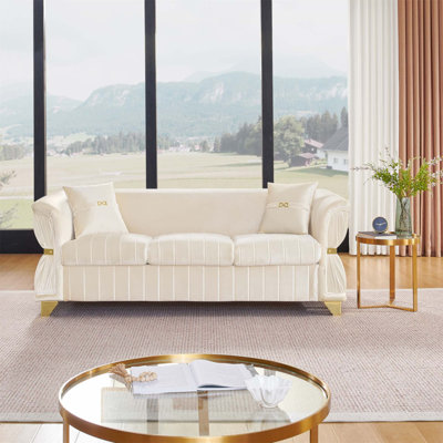 Modern Velvet 3-Seater Sofa with 2 Pillows, Upholstered Accent Couch with Metal Trim, Tapered Legs & Curved Armrests for Living Room, Bedroom & Apartment