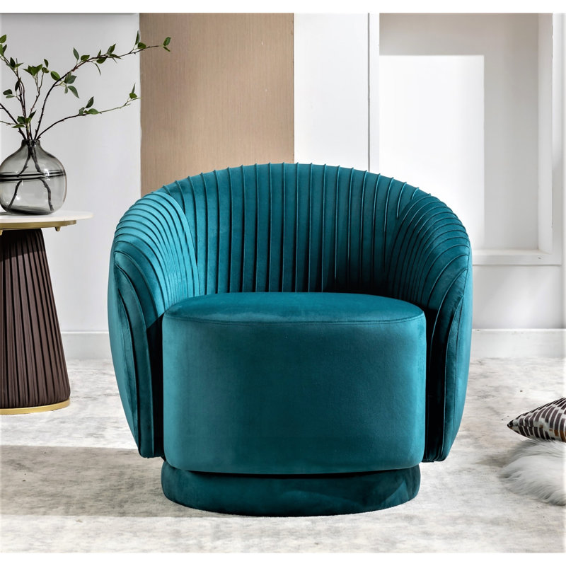 Fauteuil demi-tonneau en velours pivotant à 360 degrés avec motif plissé, Bleu sarcelle