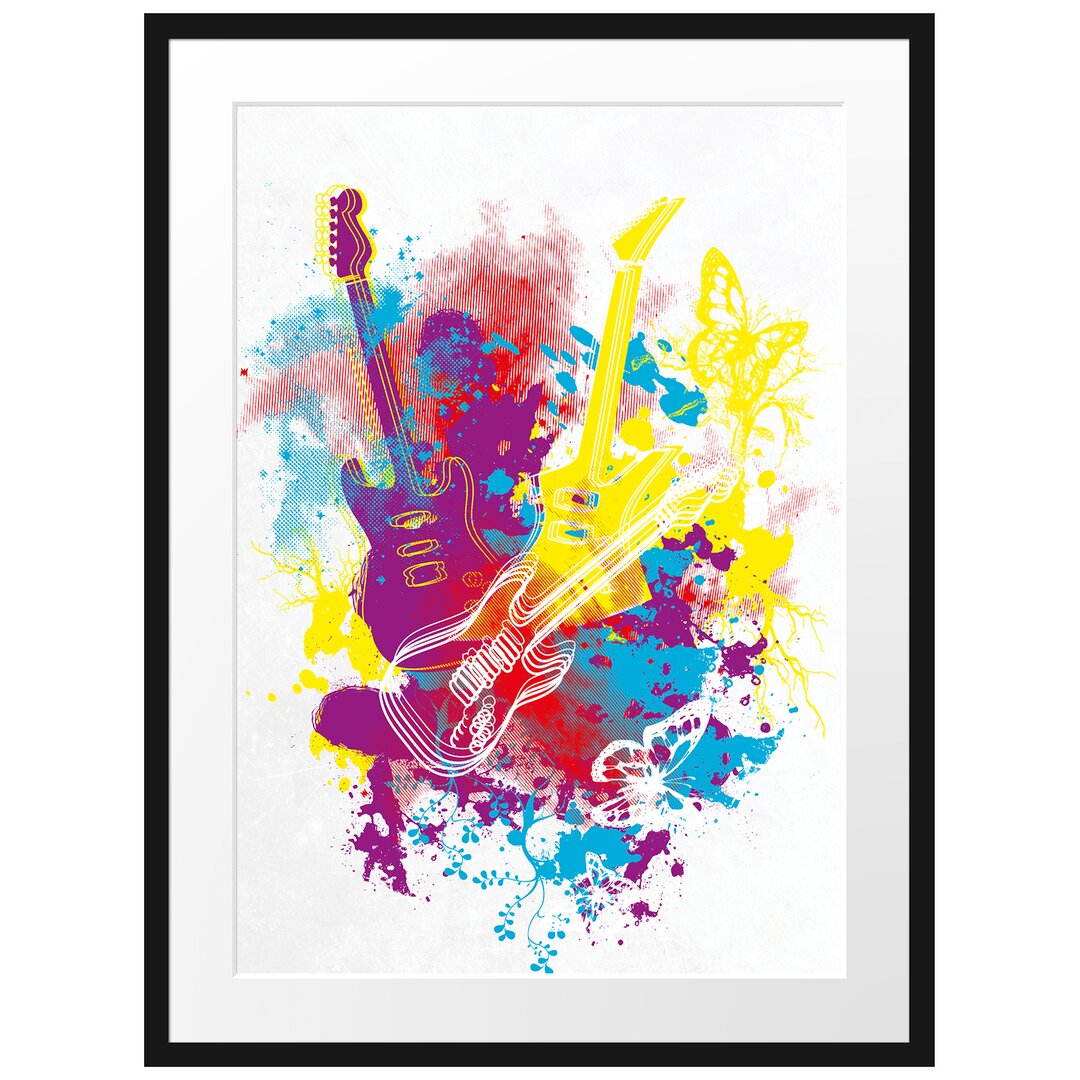 Gerahmtes Poster Guitar Splatter White