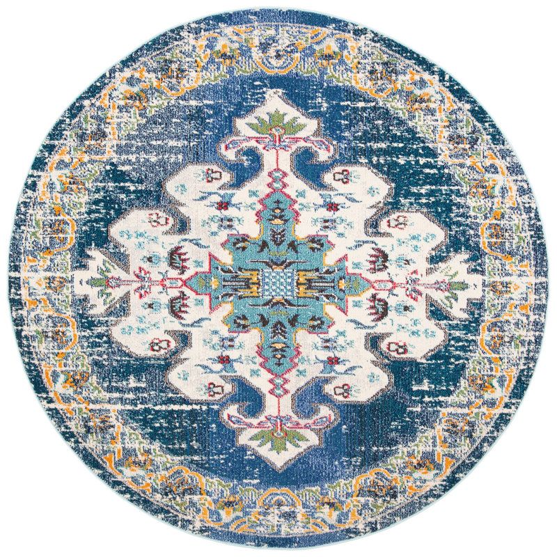 Felty Oriental Blue/Gray/Beige Area Rug, Round 3'