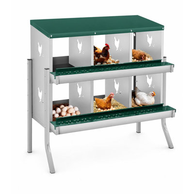 6 boîtes de nidification de poulet en métal à 6 compartiments avec plateau à œufs, perchoir et couvercle, lignes horizontales doubles et trous ventilés, fixation murale ou autoportante avec pieds en métal pour poules et canards, vert