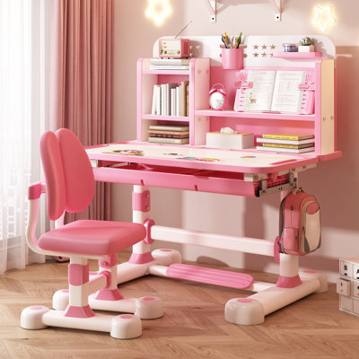 Kids Function Desk Chair Set, Height Adjustable Children School Table Chairs Set With Partition Design,bookstand,drawer,ergonomic Desk Chair With Wide Writing Board,sitting Corrector Pink