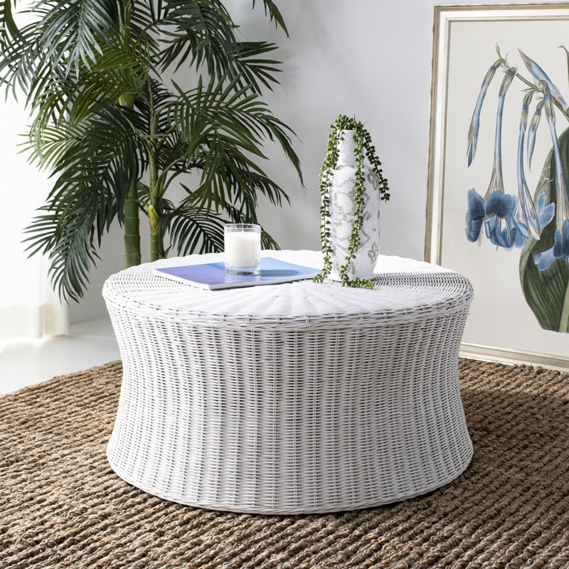 Modern Tillerson Natural Rattan Coffee Table – 32.5" Square Transitional Nautical Style with Storage, White