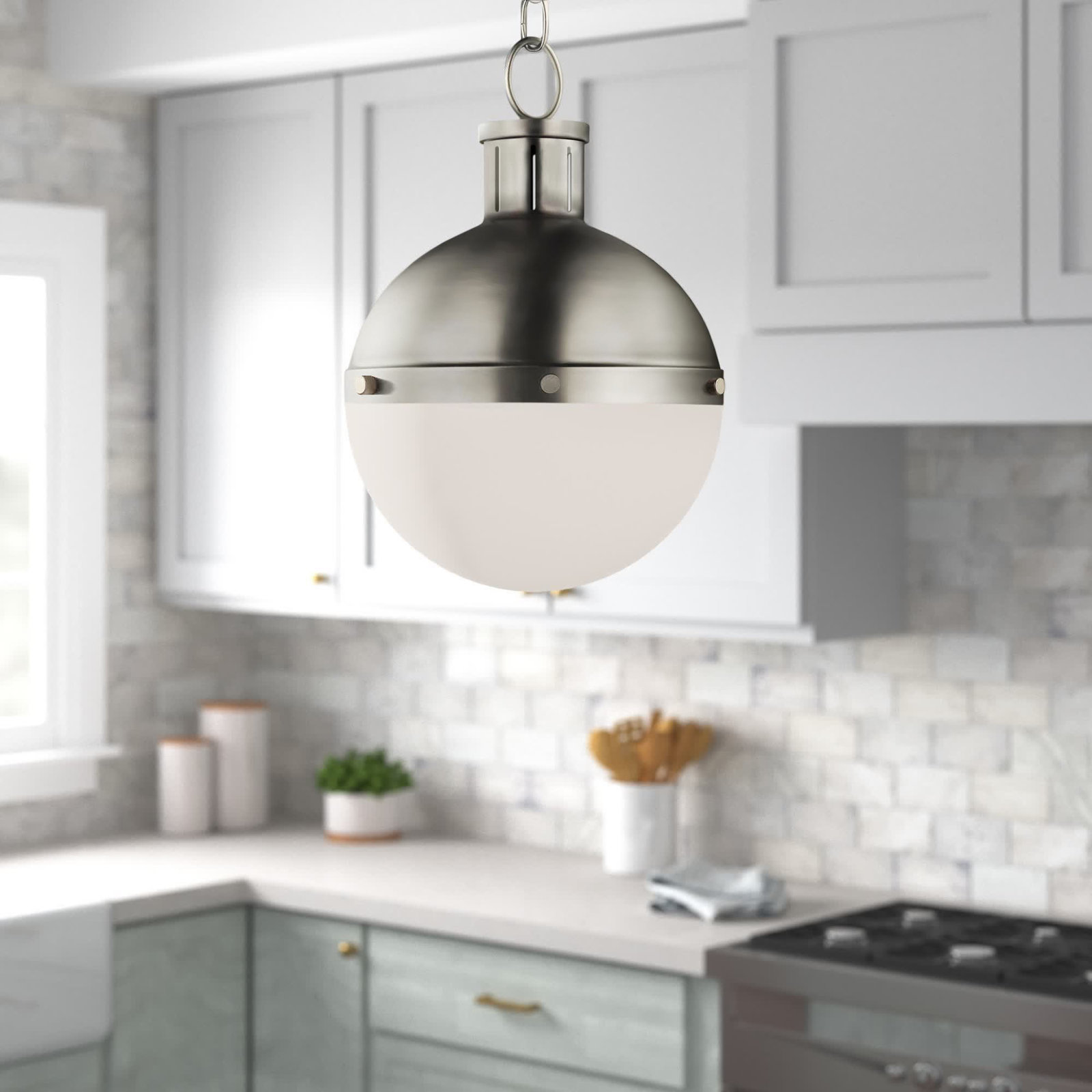 Geoffrey 1 - Light Unique Globe Pendant, No , Brushed Nickel, 11.63" H x 8.13" W x 8.13" D