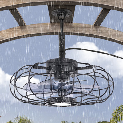 15-Inch Outdoor Plug-In Hanging Caged Ceiling Fan with LED Light, Remote and App Control, Black