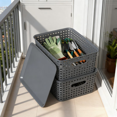 Stackable Storage Baskets With Lids, Small Plastic Woven Organizer Bins For Home And Office Organization, Ventilated Design With Built-In Handles