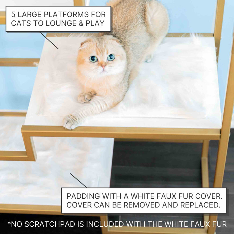 62" Metropolitan Cat Condo - Metal Frame Multi-Level Cat Tower, Scratching Post, Replaceable Parts, Gold/White Fur