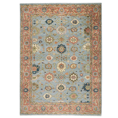 Tapis bleu en laine noué à la main 9 pi 11 po x 14 po Oushak