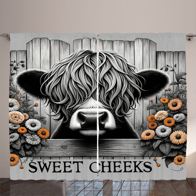 Ambesonne Curtains 2 Panel Set, Vintage Farmhouse Cow Cheeks, Grey Black and Orange -  p_429830_108x63