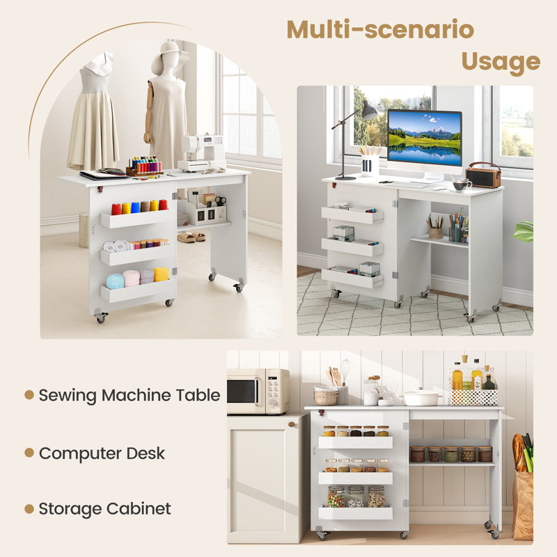 116cm x 40cm Foldable Sewing Table with Sewing Machine Platform and Wheels, White