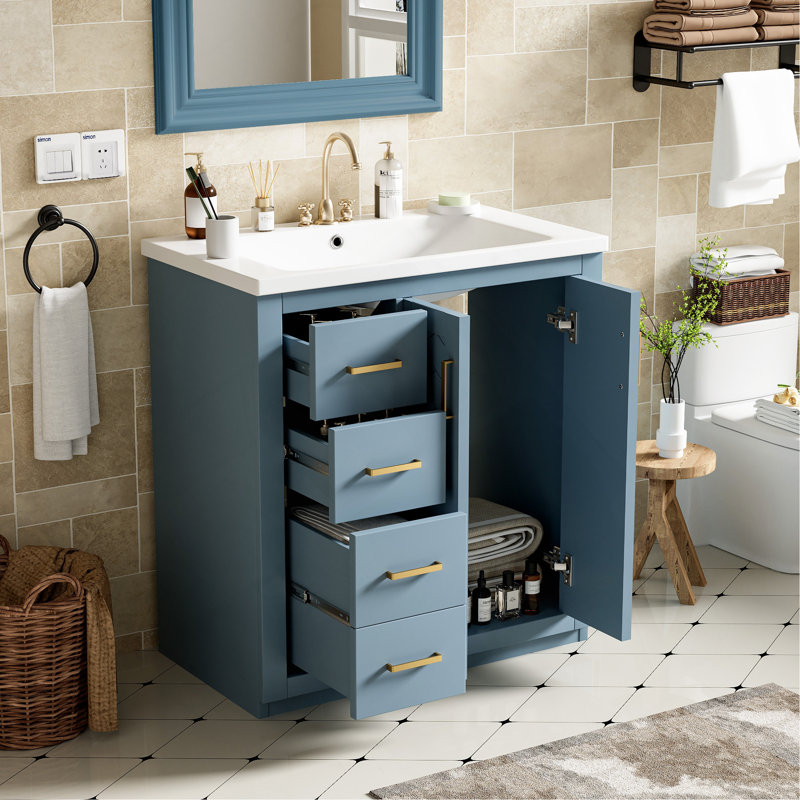 Ensemble de meuble-lavabo 30 po avec lavabo en céramique, armoire de rangement en bois massif, ensemble de meuble-lavabo autoportant avec 3 tiroirs et portes à fermeture douce