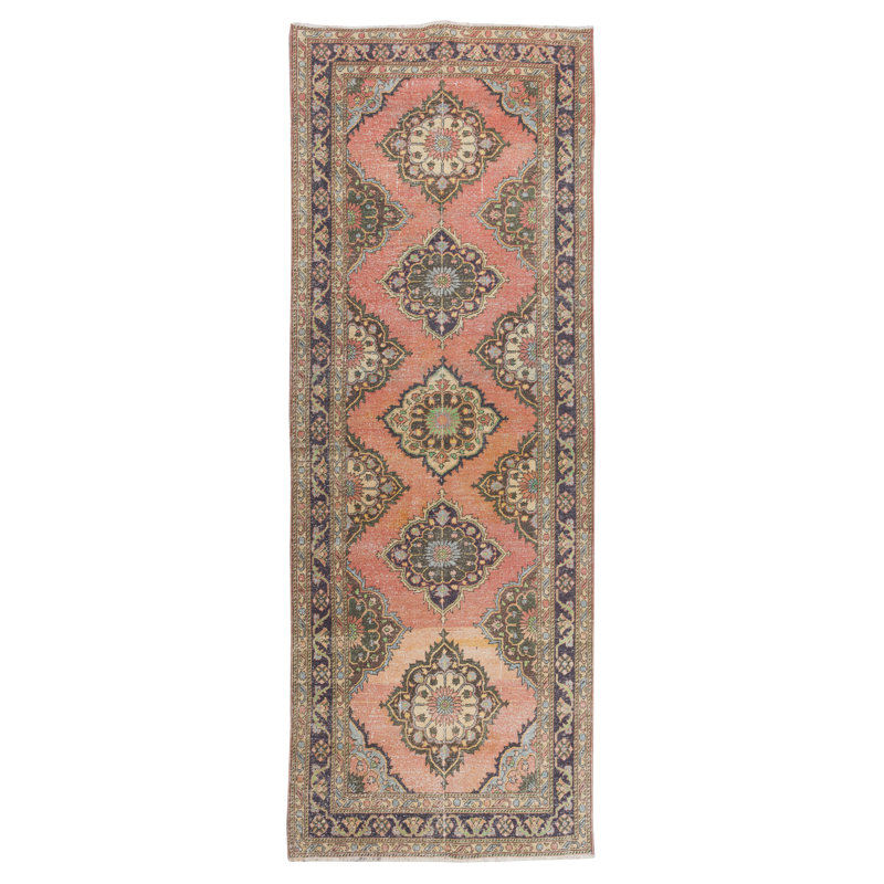 Chemin de table traditionnel en laine nouée à la main. Tapis rétro à motif géométrique pour couloir