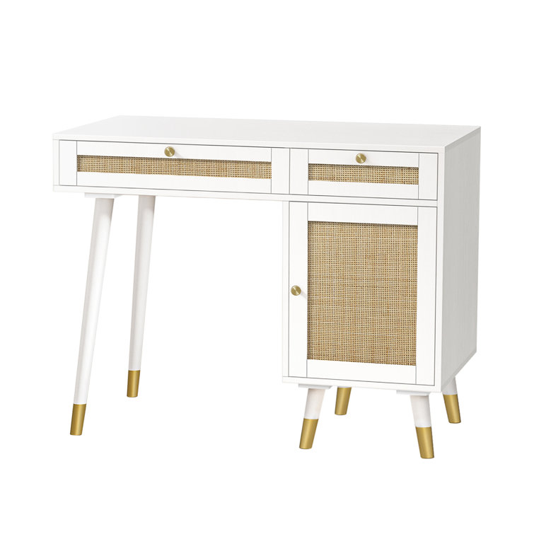 Aupodin Farmhouse Rattan 39.4 in. Retangular White/Gold Wood Computer Desk Writing Desk with 2-Drawer and Side Storage, White and Gold